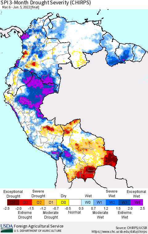 Northern South America SPI 3-Month Drought Severity (CHIRPS) Thematic Map For 3/6/2022 - 6/5/2022