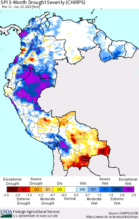 Northern South America SPI 3-Month Drought Severity (CHIRPS) Thematic Map For 3/11/2022 - 6/10/2022
