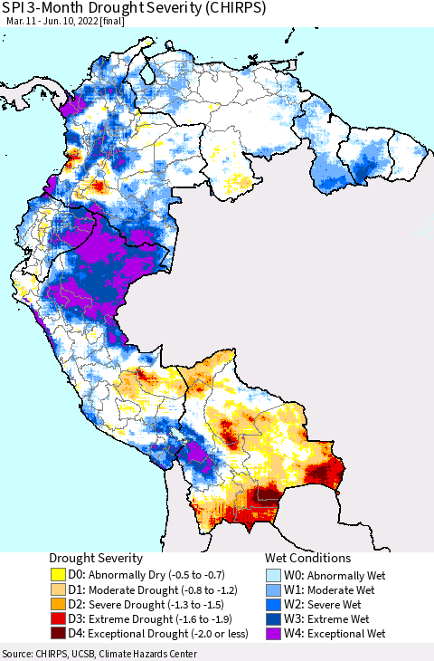 Northern South America SPI 3-Month Drought Severity (CHIRPS) Thematic Map For 3/11/2022 - 6/10/2022