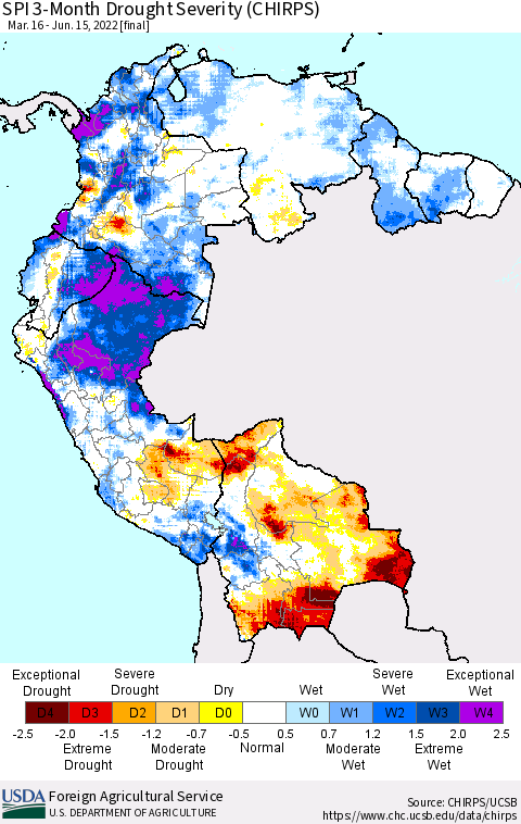 Northern South America SPI 3-Month Drought Severity (CHIRPS) Thematic Map For 3/16/2022 - 6/15/2022