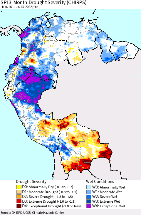 Northern South America SPI 3-Month Drought Severity (CHIRPS) Thematic Map For 3/16/2022 - 6/15/2022