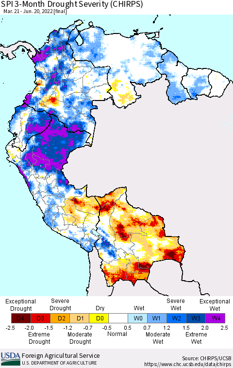 Northern South America SPI 3-Month Drought Severity (CHIRPS) Thematic Map For 3/21/2022 - 6/20/2022