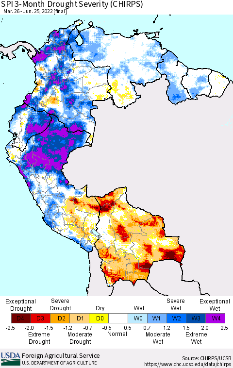 Northern South America SPI 3-Month Drought Severity (CHIRPS) Thematic Map For 3/26/2022 - 6/25/2022