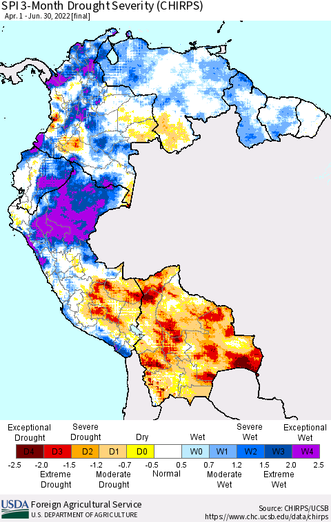 Northern South America SPI 3-Month Drought Severity (CHIRPS) Thematic Map For 4/1/2022 - 6/30/2022