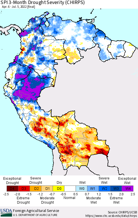 Northern South America SPI 3-Month Drought Severity (CHIRPS) Thematic Map For 4/6/2022 - 7/5/2022