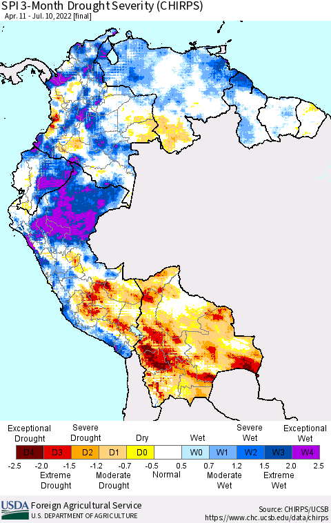Northern South America SPI 3-Month Drought Severity (CHIRPS) Thematic Map For 4/11/2022 - 7/10/2022