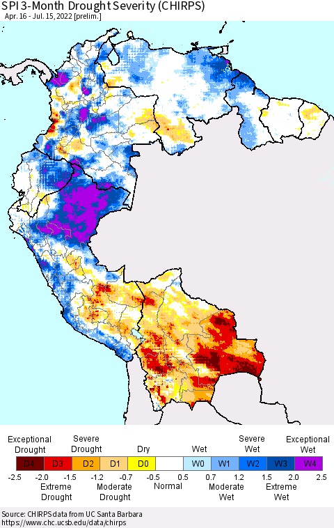 Northern South America SPI 3-Month Drought Severity (CHIRPS) Thematic Map For 4/16/2022 - 7/15/2022