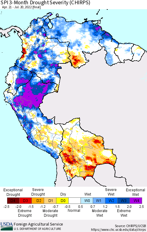 Northern South America SPI 3-Month Drought Severity (CHIRPS) Thematic Map For 4/21/2022 - 7/20/2022