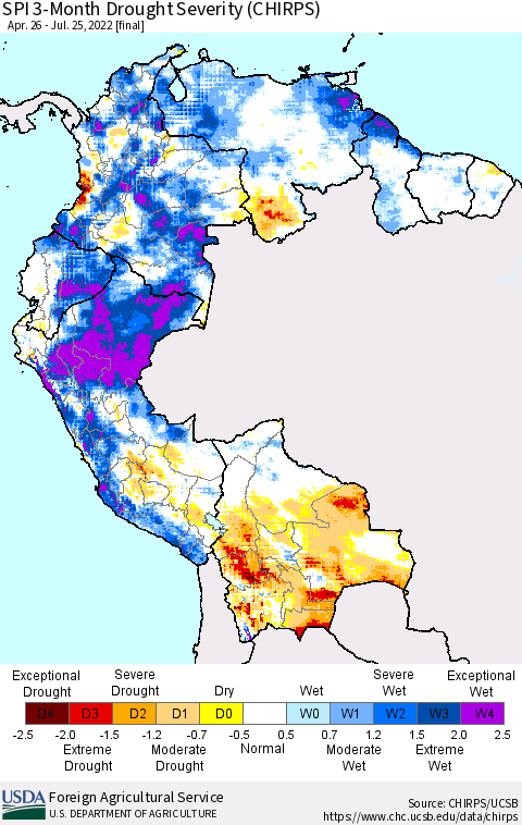 Northern South America SPI 3-Month Drought Severity (CHIRPS) Thematic Map For 4/26/2022 - 7/25/2022