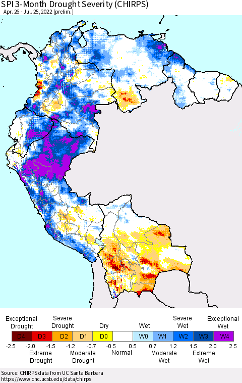 Northern South America SPI 3-Month Drought Severity (CHIRPS) Thematic Map For 4/26/2022 - 7/25/2022