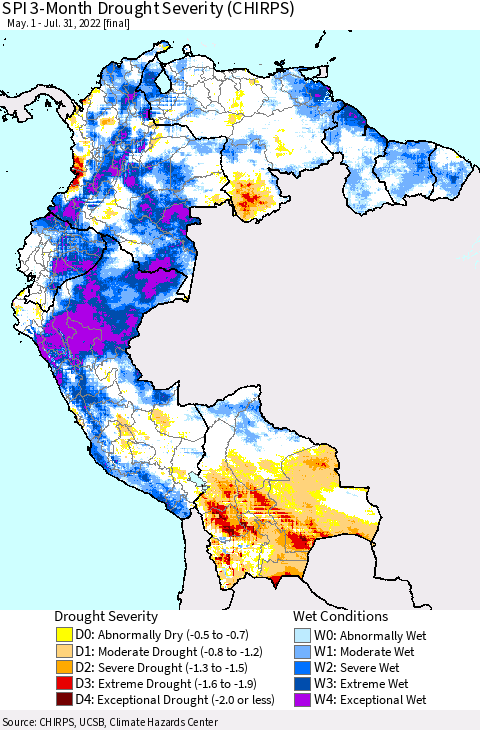 Northern South America SPI 3-Month Drought Severity (CHIRPS) Thematic Map For 5/1/2022 - 7/31/2022