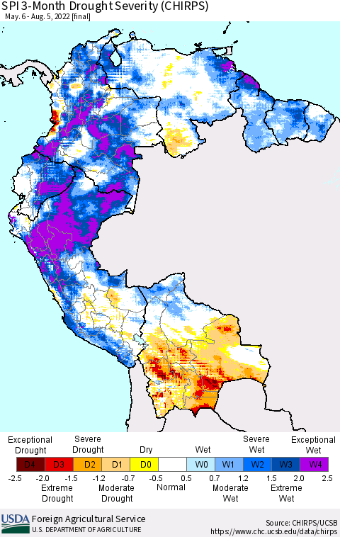 Northern South America SPI 3-Month Drought Severity (CHIRPS) Thematic Map For 5/6/2022 - 8/5/2022