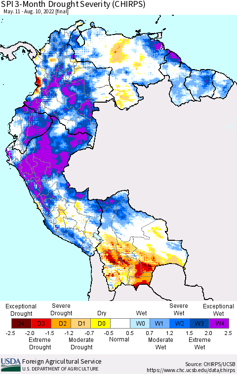 Northern South America SPI 3-Month Drought Severity (CHIRPS) Thematic Map For 5/11/2022 - 8/10/2022