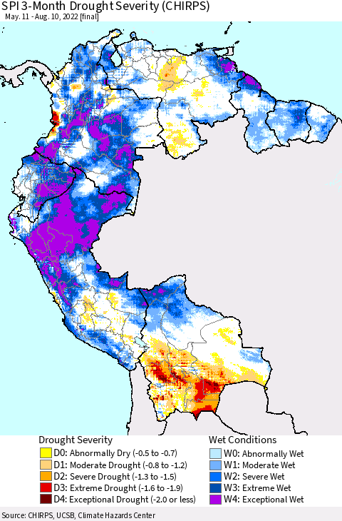 Northern South America SPI 3-Month Drought Severity (CHIRPS) Thematic Map For 5/11/2022 - 8/10/2022