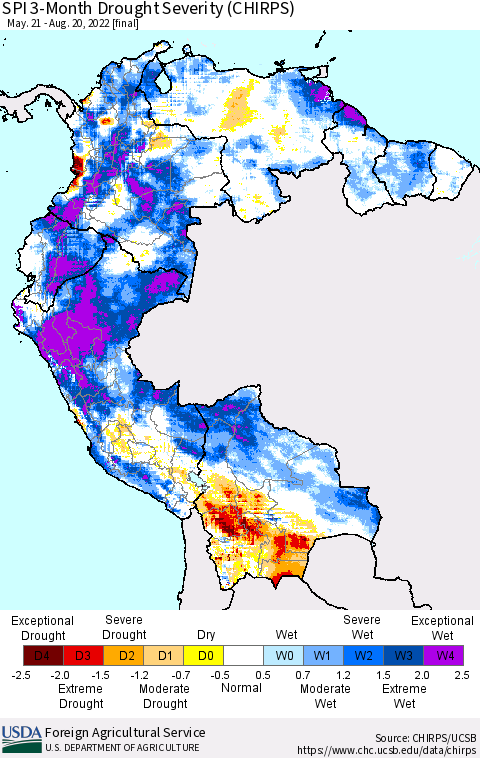 Northern South America SPI 3-Month Drought Severity (CHIRPS) Thematic Map For 5/21/2022 - 8/20/2022