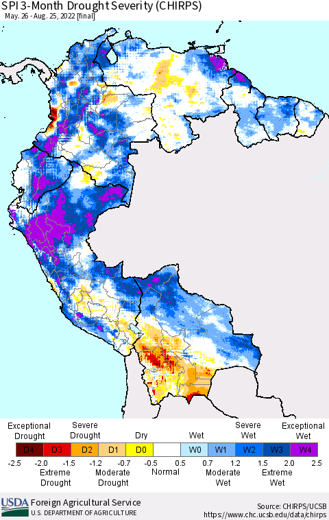 Northern South America SPI 3-Month Drought Severity (CHIRPS) Thematic Map For 5/26/2022 - 8/25/2022