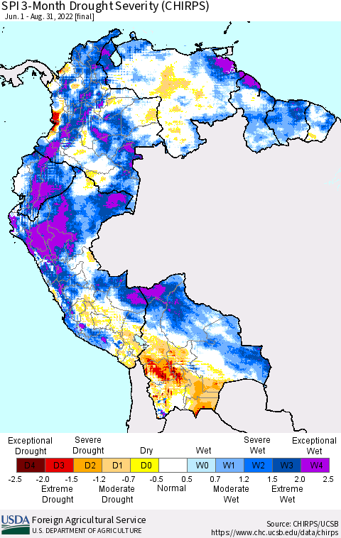 Northern South America SPI 3-Month Drought Severity (CHIRPS) Thematic Map For 6/1/2022 - 8/31/2022