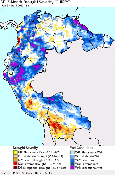 Northern South America SPI 3-Month Drought Severity (CHIRPS) Thematic Map For 6/6/2022 - 9/5/2022