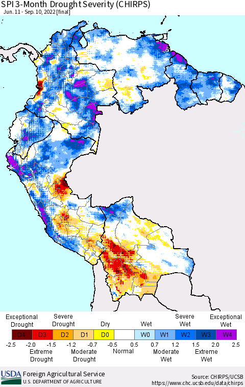 Northern South America SPI 3-Month Drought Severity (CHIRPS) Thematic Map For 6/11/2022 - 9/10/2022