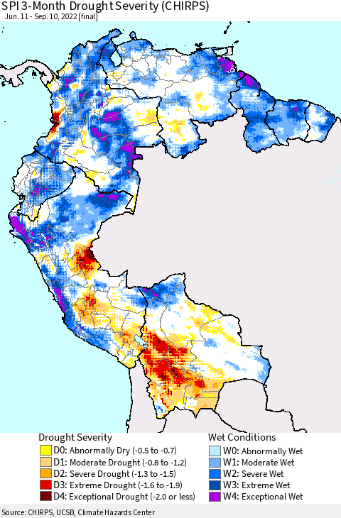 Northern South America SPI 3-Month Drought Severity (CHIRPS) Thematic Map For 6/11/2022 - 9/10/2022