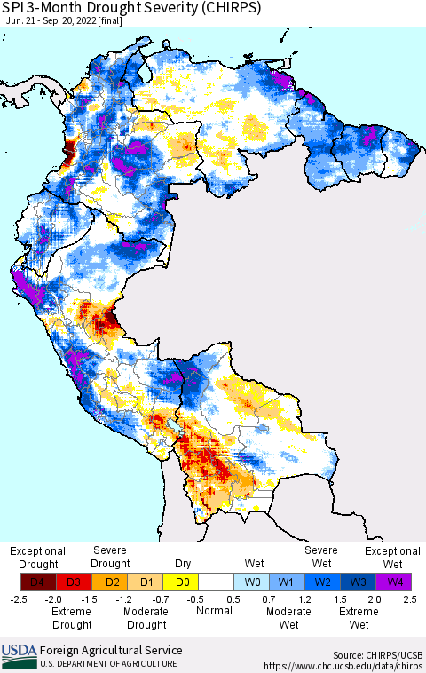 Northern South America SPI 3-Month Drought Severity (CHIRPS) Thematic Map For 6/21/2022 - 9/20/2022