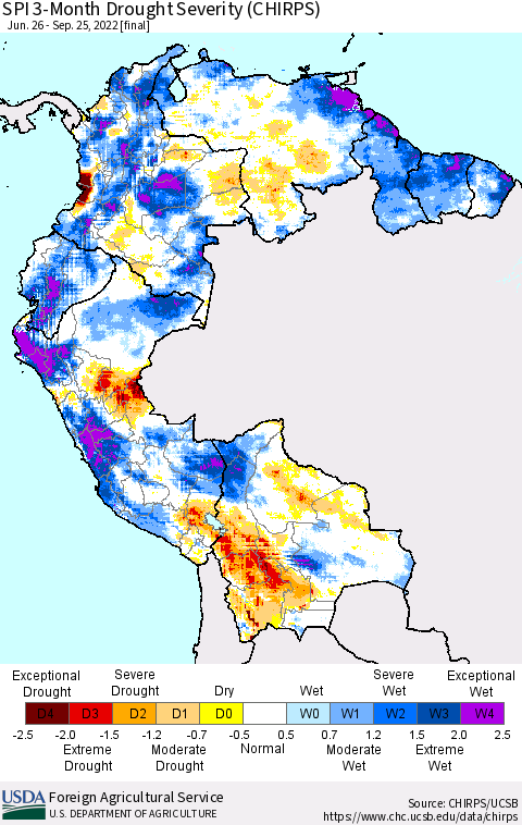 Northern South America SPI 3-Month Drought Severity (CHIRPS) Thematic Map For 6/26/2022 - 9/25/2022