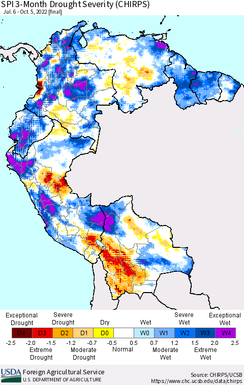 Northern South America SPI 3-Month Drought Severity (CHIRPS) Thematic Map For 7/6/2022 - 10/5/2022