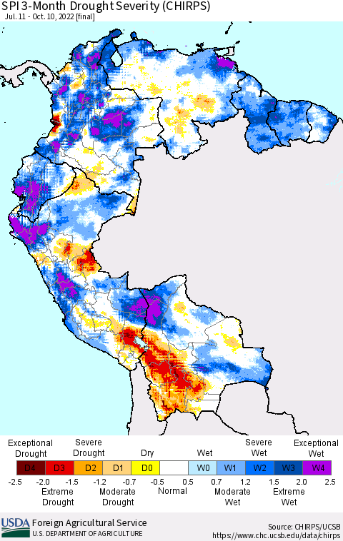 Northern South America SPI 3-Month Drought Severity (CHIRPS) Thematic Map For 7/11/2022 - 10/10/2022