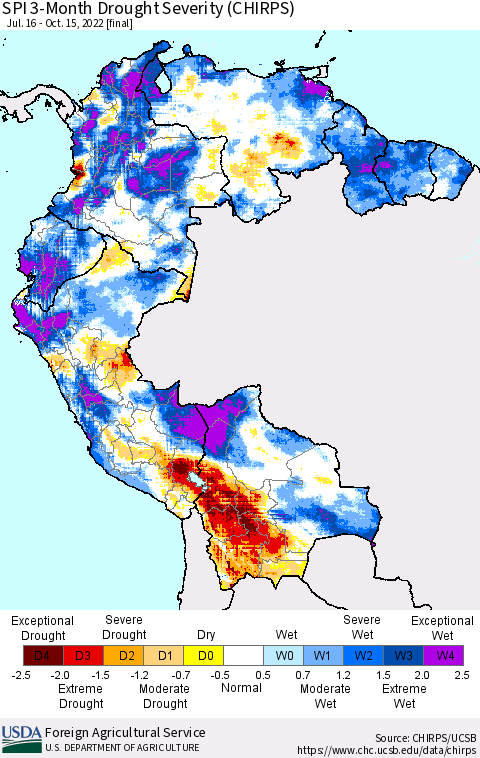 Northern South America SPI 3-Month Drought Severity (CHIRPS) Thematic Map For 7/16/2022 - 10/15/2022