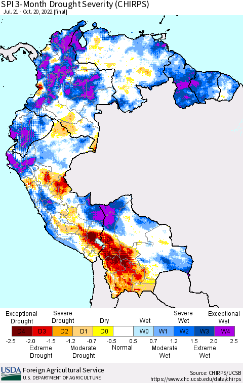 Northern South America SPI 3-Month Drought Severity (CHIRPS) Thematic Map For 7/21/2022 - 10/20/2022
