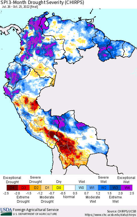 Northern South America SPI 3-Month Drought Severity (CHIRPS) Thematic Map For 7/26/2022 - 10/25/2022