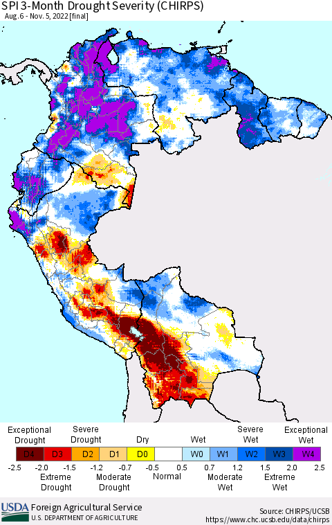 Northern South America SPI 3-Month Drought Severity (CHIRPS) Thematic Map For 8/6/2022 - 11/5/2022