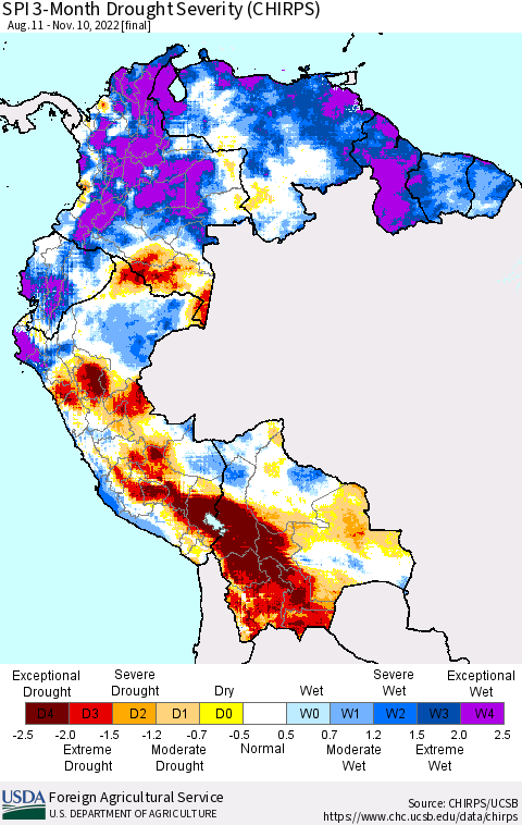 Northern South America SPI 3-Month Drought Severity (CHIRPS) Thematic Map For 8/11/2022 - 11/10/2022