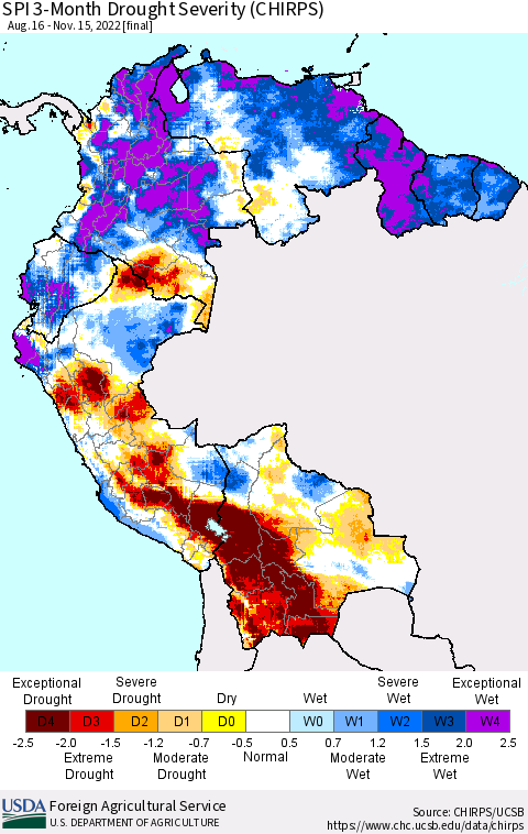 Northern South America SPI 3-Month Drought Severity (CHIRPS) Thematic Map For 8/16/2022 - 11/15/2022