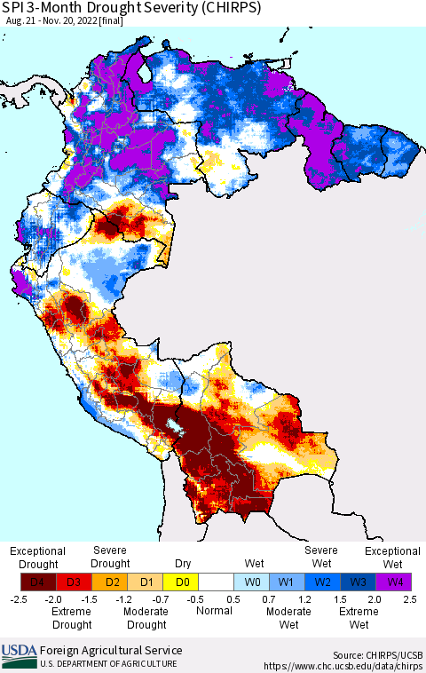 Northern South America SPI 3-Month Drought Severity (CHIRPS) Thematic Map For 8/21/2022 - 11/20/2022