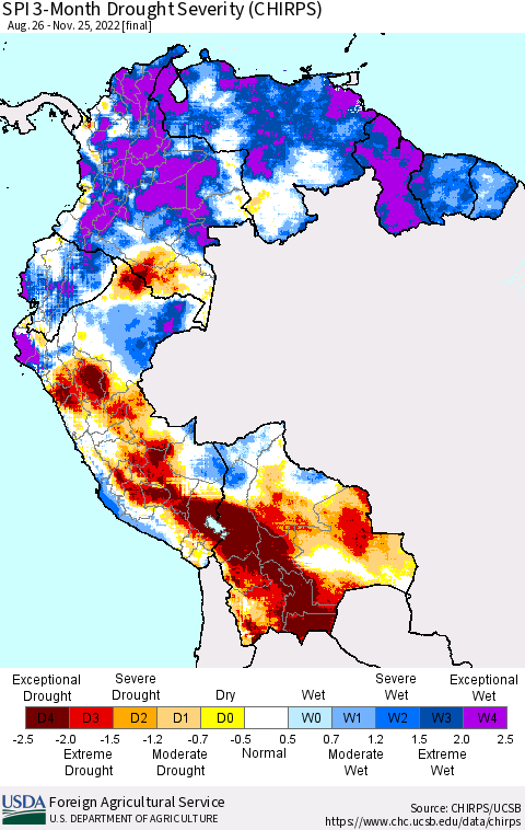 Northern South America SPI 3-Month Drought Severity (CHIRPS) Thematic Map For 8/26/2022 - 11/25/2022