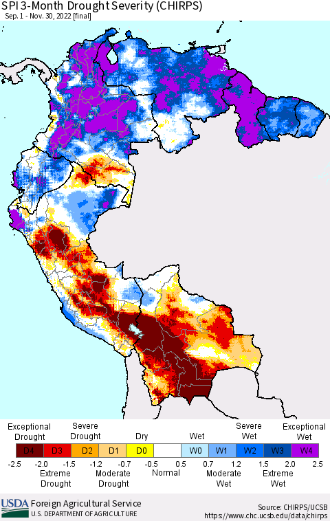 Northern South America SPI 3-Month Drought Severity (CHIRPS) Thematic Map For 9/1/2022 - 11/30/2022