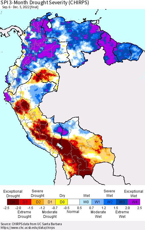 Northern South America SPI 3-Month Drought Severity (CHIRPS) Thematic Map For 9/6/2022 - 12/5/2022