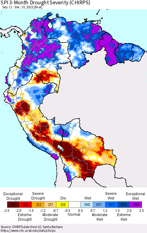Northern South America SPI 3-Month Drought Severity (CHIRPS) Thematic Map For 9/11/2022 - 12/10/2022
