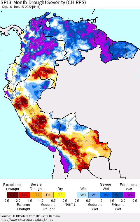 Northern South America SPI 3-Month Drought Severity (CHIRPS) Thematic Map For 9/16/2022 - 12/15/2022