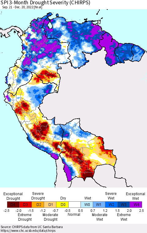 Northern South America SPI 3-Month Drought Severity (CHIRPS) Thematic Map For 9/21/2022 - 12/20/2022