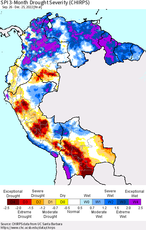 Northern South America SPI 3-Month Drought Severity (CHIRPS) Thematic Map For 9/26/2022 - 12/25/2022