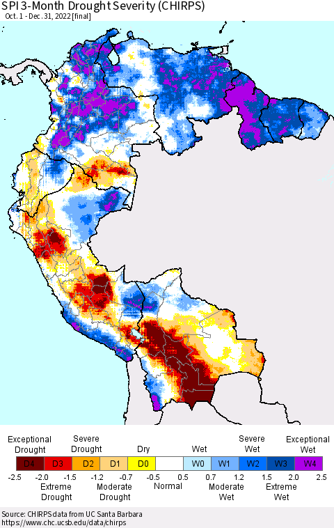 Northern South America SPI 3-Month Drought Severity (CHIRPS) Thematic Map For 10/1/2022 - 12/31/2022