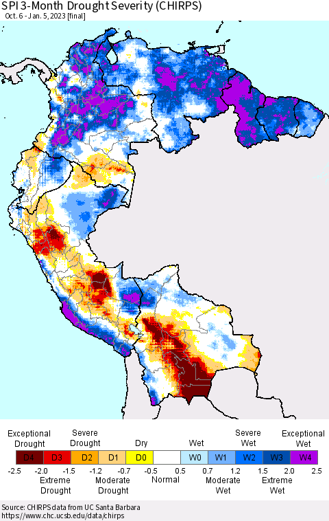 Northern South America SPI 3-Month Drought Severity (CHIRPS) Thematic Map For 10/6/2022 - 1/5/2023
