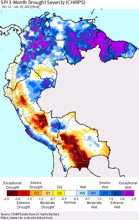 Northern South America SPI 3-Month Drought Severity (CHIRPS) Thematic Map For 10/11/2022 - 1/10/2023