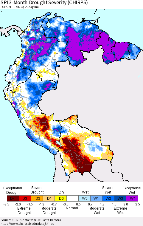 Northern South America SPI 3-Month Drought Severity (CHIRPS) Thematic Map For 10/21/2022 - 1/20/2023