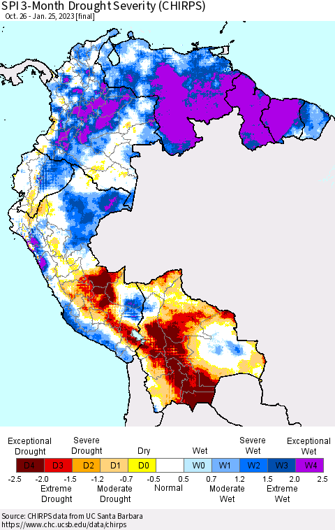 Northern South America SPI 3-Month Drought Severity (CHIRPS) Thematic Map For 10/26/2022 - 1/25/2023