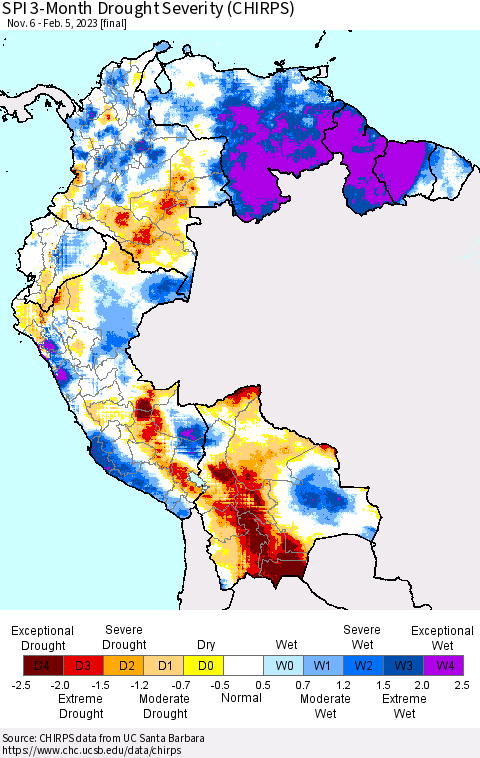 Northern South America SPI 3-Month Drought Severity (CHIRPS) Thematic Map For 11/6/2022 - 2/5/2023