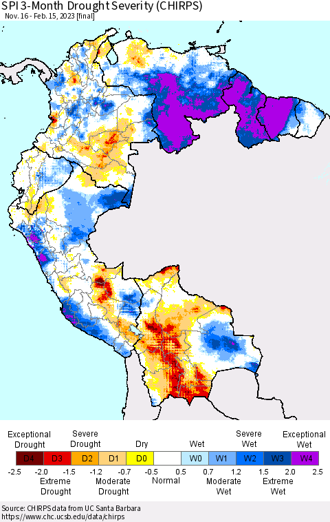 Northern South America SPI 3-Month Drought Severity (CHIRPS) Thematic Map For 11/16/2022 - 2/15/2023