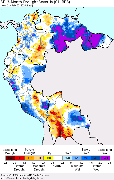 Northern South America SPI 3-Month Drought Severity (CHIRPS) Thematic Map For 11/21/2022 - 2/20/2023